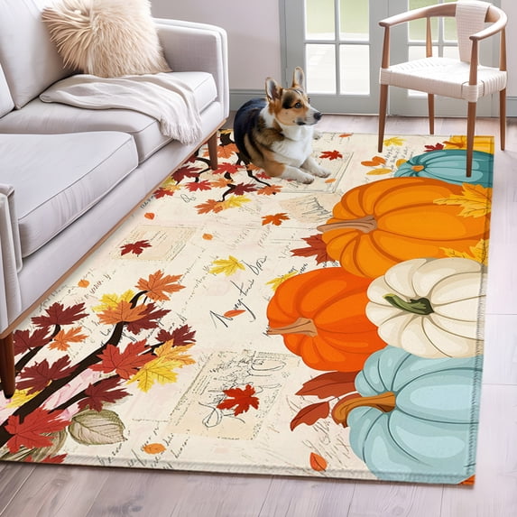 Area Rug 3x5ft, Thanksgiving Pumpkin Maple Leaves Washable Rugs for ...
