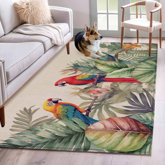 Area Rug 3x5ft Tropical Birds Parrot on Branch Area Rugs Washable Low Pile Floor Carpet for Bedroom, Green Palm Leaves on Burlap Non Slip Soft Rugs for Living Room Entryway Dining Room
