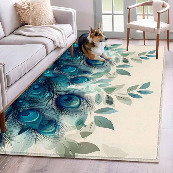 Area Rug 3x5ft Tropical Peacock Feathers Area Rugs Washable Low Pile Floor Carpet for Bedroom, Classic Gradient Teal Pattern Non Slip Soft Rugs for Living Room Entryway Dining Room