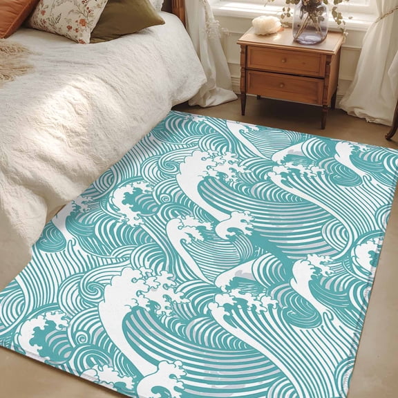 Area Rug 3x5ft Turquoise Waves Carpets Indoor Floor Area Mat Washable Entrance Mat Rugs for Living Room Dining Room Kitchen Bedroom, Ocean Lines Stripes Sofa Throw Carpet