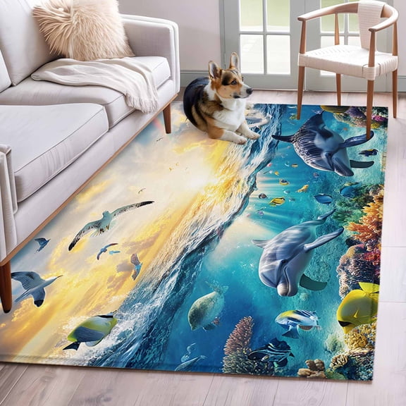 Area Rug 3x5ft Underwater World Dolphins Seagulls Area Rugs Washable Low Pile Floor Carpet for Bedroom, Tropical Ocean Marine Life Non Slip Soft Rugs for Living Room Entryway Dining Room