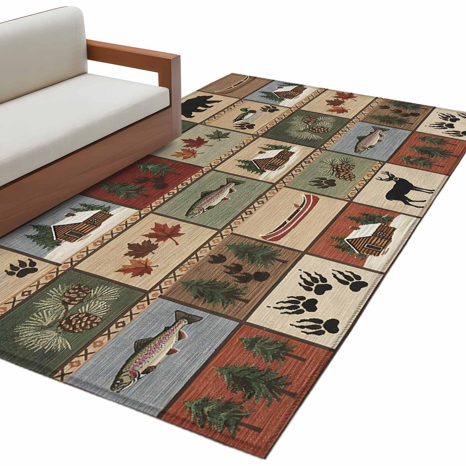 Area Rug 3x5ft, Vintage Bear Forest Deer Fish Village Washable Rugs for ...