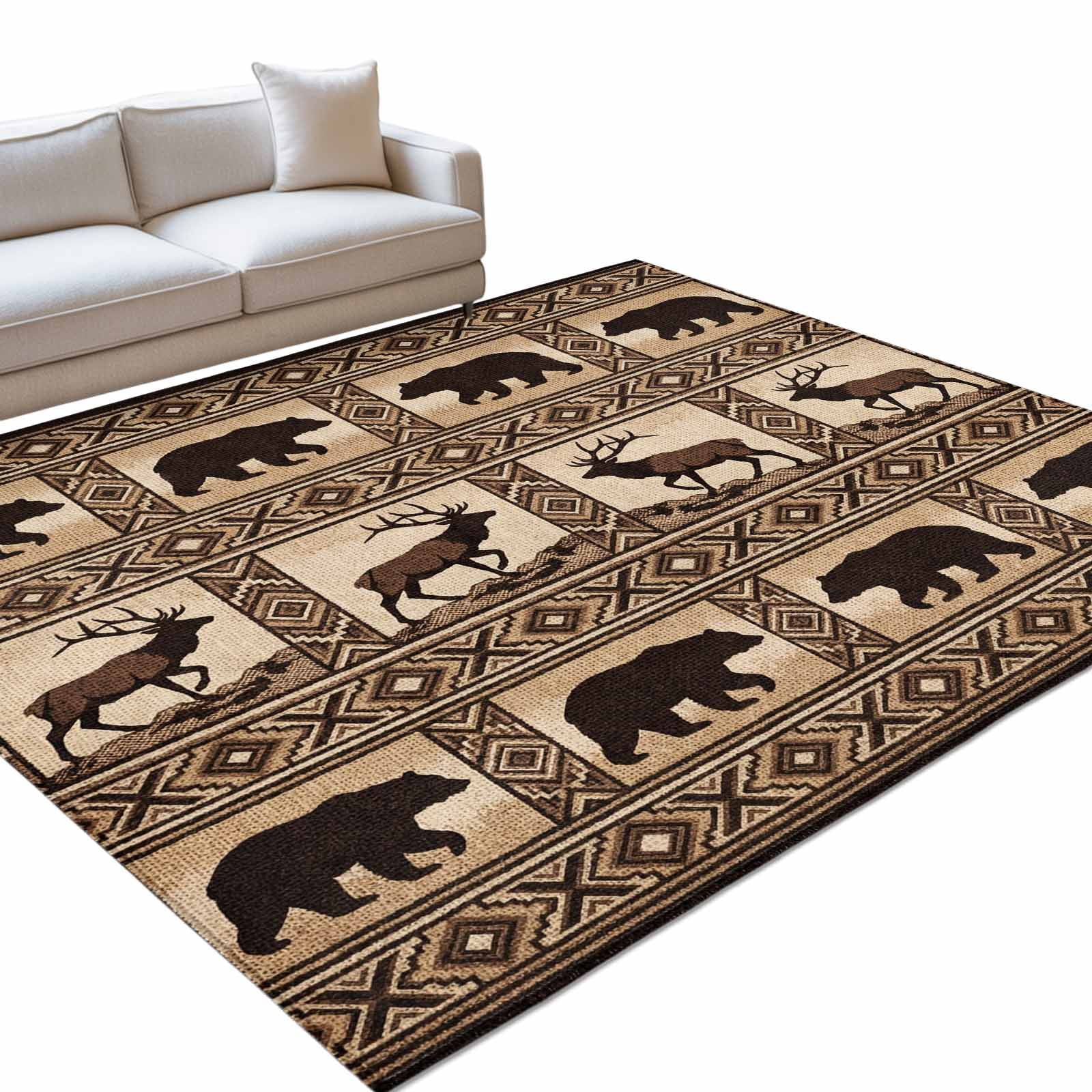 Three Bears Rug Area Rug 3x5ft, Vintage Brown Bears Deer on Linen Washable Rugs for ...
