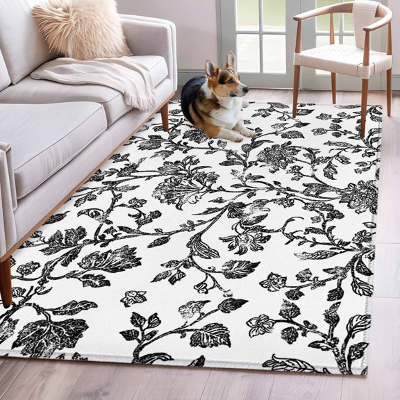 Area Rug 3x5ft Vintage Farm Black Flower Pattern Area Rugs Washable Low Pile Floor Carpet for Bedroom, Pastoral Floral on White Non Slip Soft Rugs for Living Room Entryway Dining Room