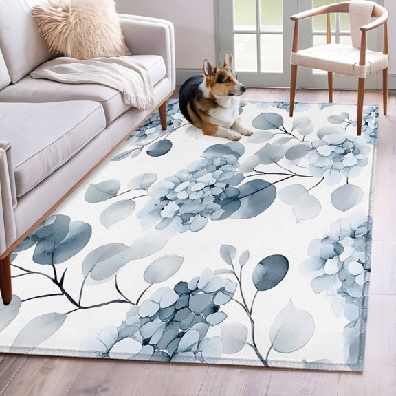 Area Rug 3x5ft Watercolor Pastoral Hydrangeas Flower Area Rugs Washable Low Pile Floor Carpet for Bedroom, Spring Botanical Non Slip Soft Rugs for Living Room Entryway Dining Room