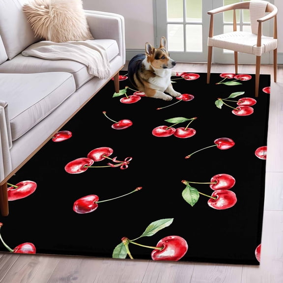 Area Rug 3x5ft Watercolor Red Cherry on Black Area Rugs Washable Low Pile Floor Carpet for Bedroom, Farm Seamless Fruit Art Non Slip Soft Rugs for Living Room Entryway Dining Room