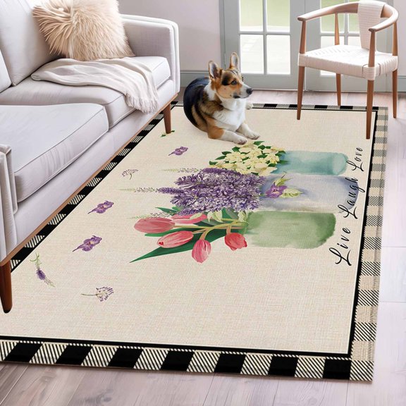 Area Rug 3x5ft Watercolor Spring Flower with Vase Area Rugs Washable Low Pile Floor Carpet for Bedroom, Retro Buffalo Plaid and Burlap Non Slip Soft Rugs for Living Room Entryway Dining Room