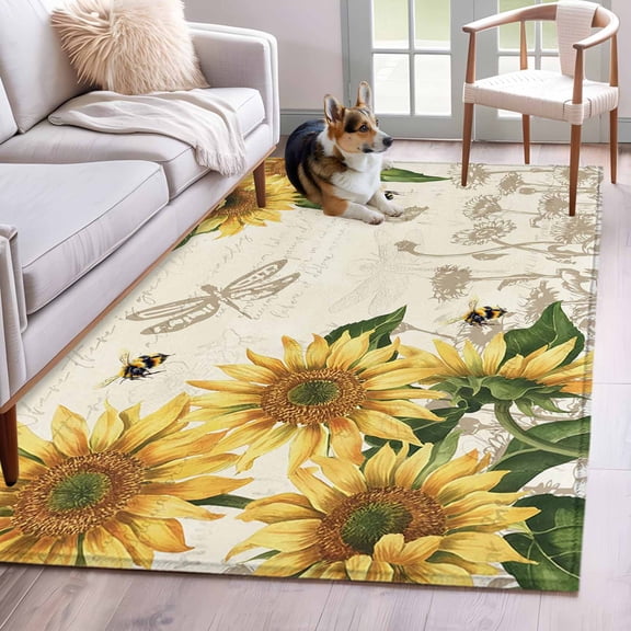 Area Rug 3x5ft Watercolor Sunflower Bee Dragonfly Area Rugs Washable Low Pile Floor Carpet for Bedroom, Country Floral Retro Letter Non Slip Soft Rugs for Living Room Entryway Dining Room
