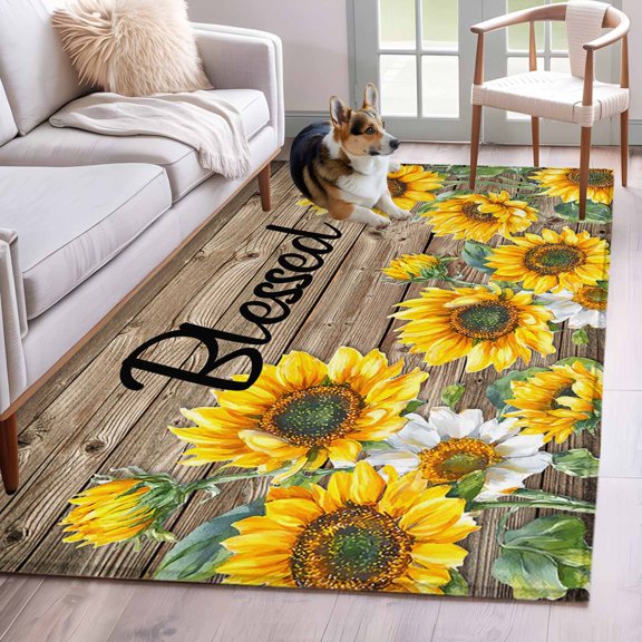 Area Rug 3x5ft Watercolor Sunflower Blessed Quote Area Rugs Washable Low Pile Floor Carpet for Bedroom, Farm Brown Wood Board Non Slip Soft Rugs for Living Room Entryway Dining Room