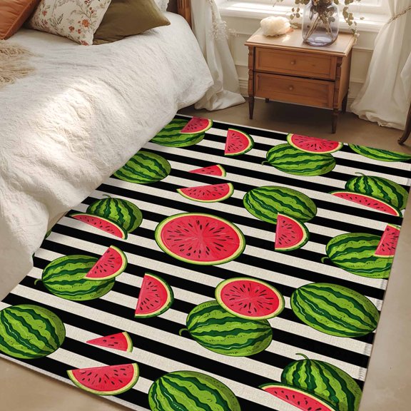 Area Rug 3x5ft Watermelon Carpets Indoor Floor Area Mat Washable Entrance Mat Rugs for Living Room Dining Room Kitchen Bedroom, Summer Fruit Black Stripes Sofa Throw Carpet