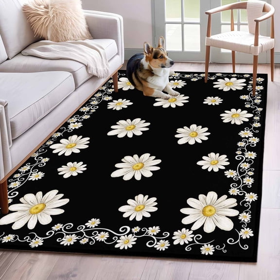 Area Rug 3x5ft White Daisy Flower on Black Area Rugs Washable Low Pile Floor Carpet for Bedroom, Summer Floral Plant Theme Non Slip Soft Rugs for Living Room Entryway Dining Room