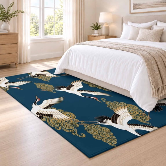 Fairy Blue Rug Area Rug 3x5ft White Fairy Crane Japanese Style Low Pile Washable Rug ...