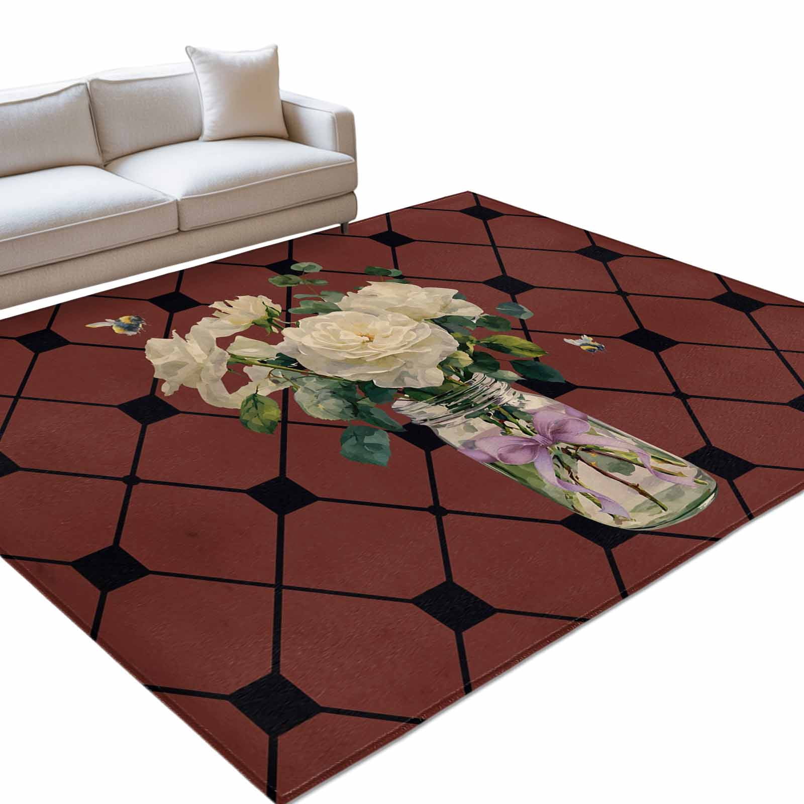 Area Rug 3x5ft, White Rose Green Leaf Bee Washable Rugs for Living Room ...