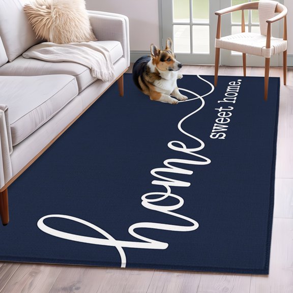 Area Rug 3x5ft White Sweet Home Quote Heart Area Rugs Washable Low Pile Floor Carpet for Bedroom, Rustic Letter on Navy Blue Non Slip Soft Rugs for Living Room Entryway Dining Room