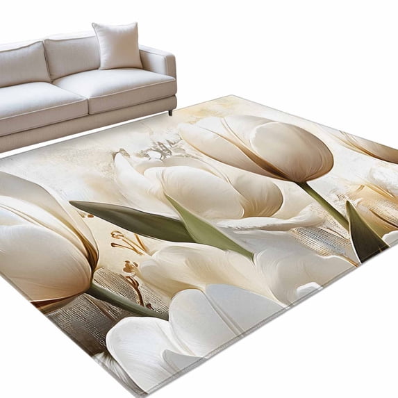 Area Rug 3x5ft, White Tulip Spring Classic Flower Washable Rugs for ...