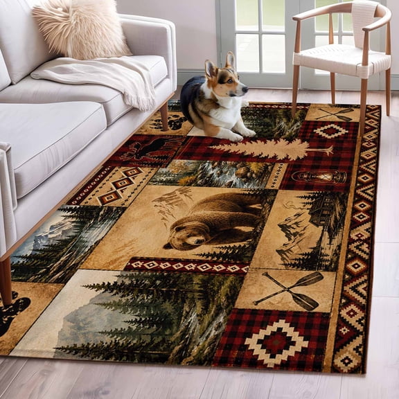 Area Rug 3x5ft, Wildlife Bear Forest Pine Tree Washable Rugs for Living Room Bedroom, Mountain Plaid Tribal Pattern Soft Non-slip Area Rugs Rectangle Floor Carpet for Dining Room