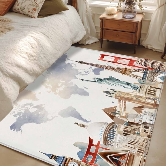 Area Rug 3x5ft World Map Carpets Indoor Floor Area Mat Washable Entrance Mat Rugs for Living Room Dining Room Kitchen Bedroom, Famous Building Tourism Landscape Sofa Throw Carpet