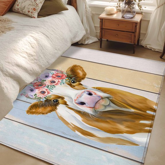 Area Rug 3x5ft Wreath Cow Carpets Indoor Floor Area Mat Washable Entrance Mat Rugs for Living Room Dining Room Kitchen Bedroom, Farm Animal Blue Wood Grain Sofa Throw Carpet