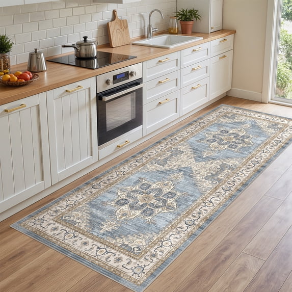 Toyoso 3x7 Modern Medallion Area Rug, Wide Runner Carpet, 0.25 inch Thin Machine Washable Indoor Rug for Laundry Room and Kitchen, Non Slip Utility Runner, Light Blue