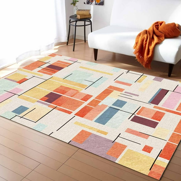 Area Rug 4'x6' Abstract Geometric Watercolor Orange Yellow Square Washable Area Rugs Non Shedding Floor Carpet Rubber Backing Non-Slip Indoor Mats for Living Room Bedroom Kitchen
