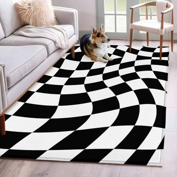 Area Rug 4'x6', Black and White Checkered Non-slip Runner Rug Carpet for Bedside, Modern Irregular Geometric Washable Outdoor Indoor Area Rugs Mat for Entryway/Living Room/Bedroom/Kitchen/Office