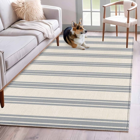 Area Rug 4'x6', Blue Striped Non-slip Runner Rug Carpet for Bedside, Modern Farmhouse Stripes Rustic Washable Outdoor Indoor Area Rugs Mat for Entryway/Living Room/Bedroom/Kitchen/Office