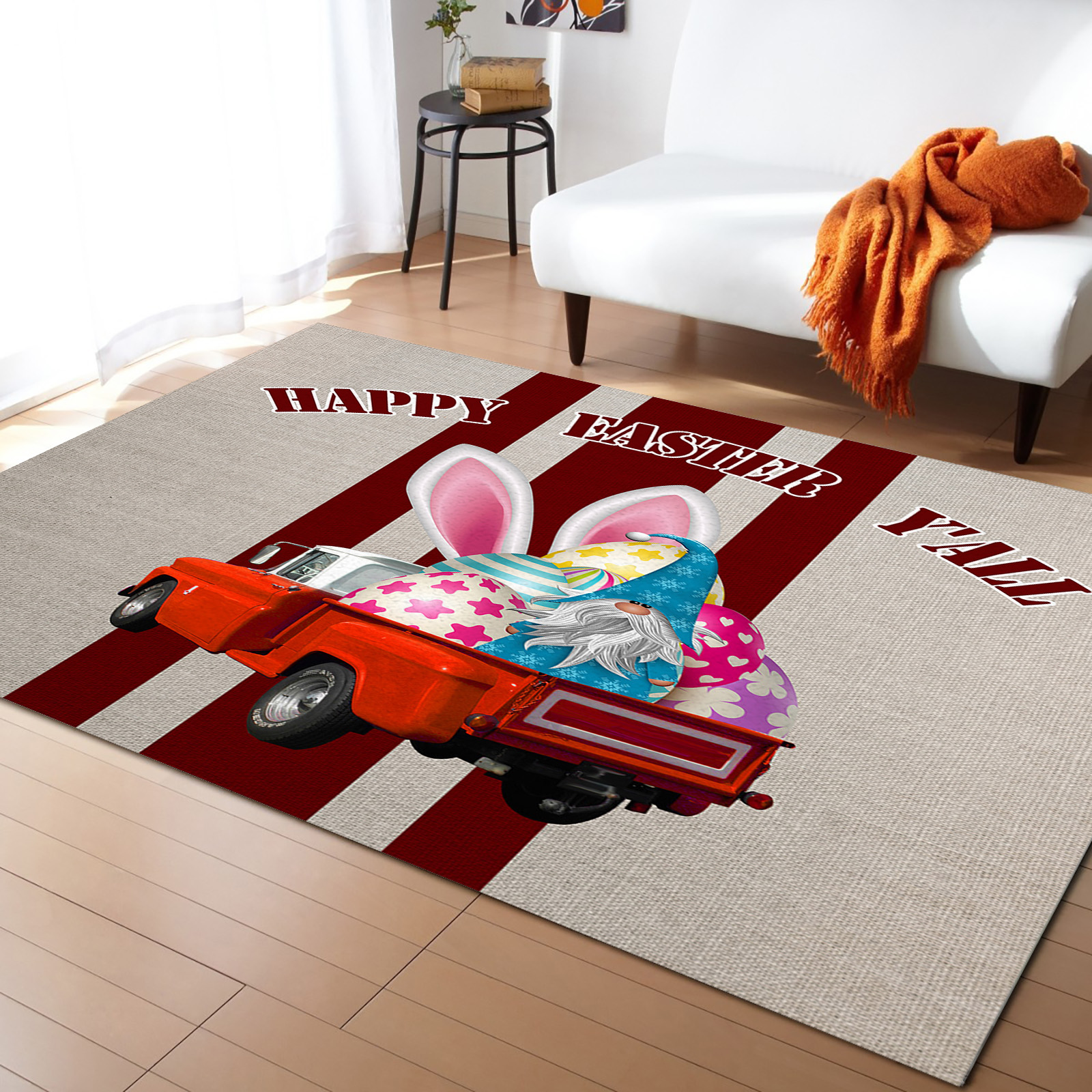 Cartoon Easter Rug Area Rug 4'x6' Easter Truck with Dwarf Eggs Bunny Ears Washable Area ...
