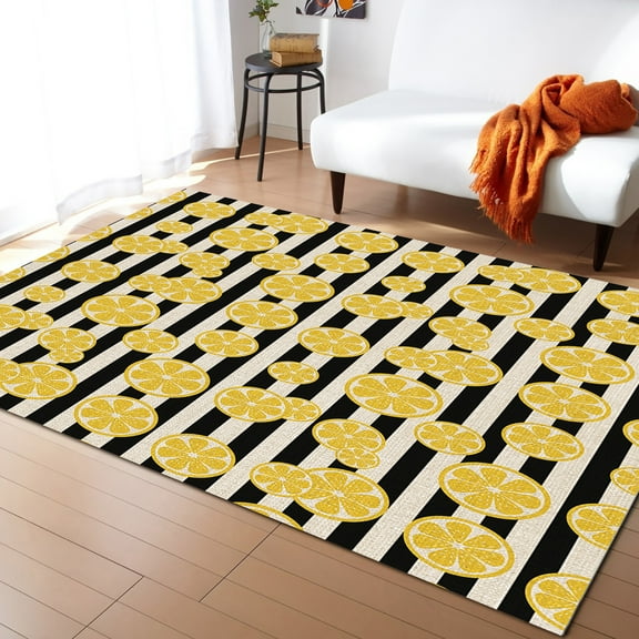 Area Rug 4'x6' Farmhouse Summer Lemon Black and White Stripe Washable Area Rugs Non Shedding Floor Carpet Rubber Backing Non-Slip Indoor Mats for Living Room Bedroom Kitchen