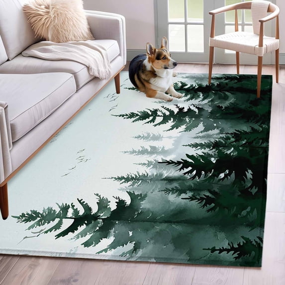 Area Rug 4'x6', Green Mist Forest Non-slip Runner Rug Carpet for Bedside, Farmhouse Trees Nature Landscape Washable Outdoor Indoor Area Rugs Mat for Entryway/Living Room/Bedroom/Kitchen/Office