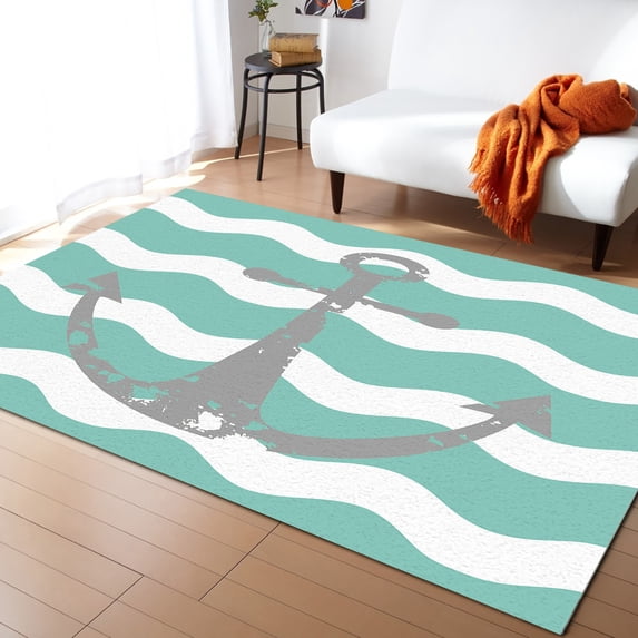 Area Rug 4'x6' Grey Nautical Anchor Teal Turquoise Wavy Stripes Washable Area Rugs Non Shedding Floor Carpet Rubber Backing Non-Slip Indoor Mats for Living Room Bedroom Kitchen