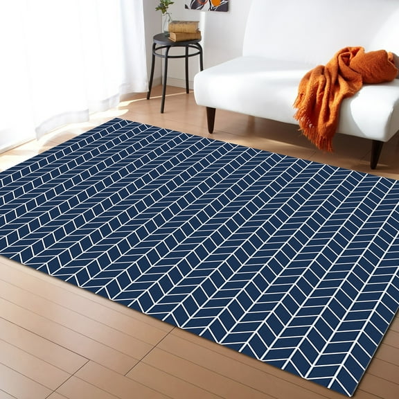 Area Rug 4'x6' Herringbone Abstract Art of Blue Geometric Lines Washable Area Rugs Non Shedding Floor Carpet Rubber Backing Non-Slip Indoor Mats for Living Room Bedroom Kitchen