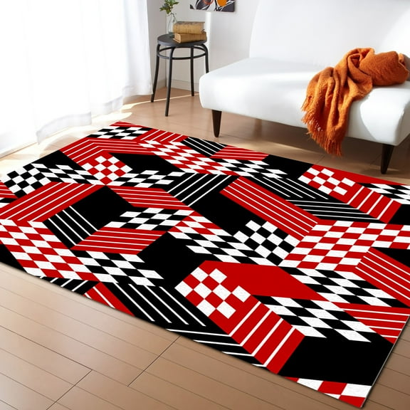 Area Rug 4'x6' Mid-Century Modern Abstract Red Black Geometric Washable Area Rugs Non Shedding Floor Carpet Rubber Backing Non-Slip Indoor Mats for Living Room Bedroom Kitchen