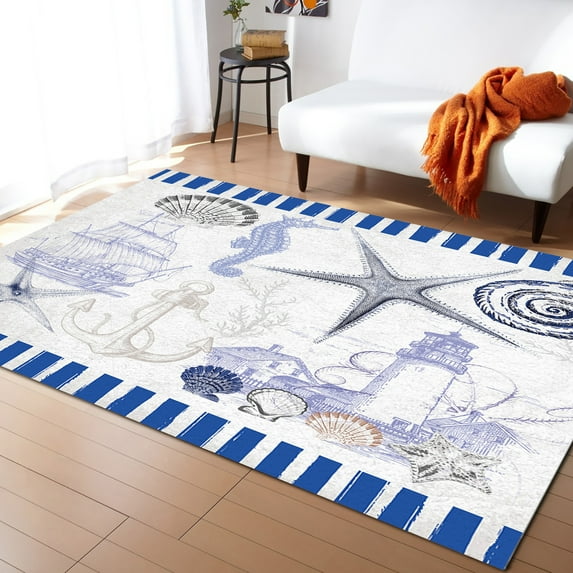 Area Rug 4'x6' Ocean Marine Theme Nautical Sea Animals Retro Blue Washable Area Rugs Non Shedding Floor Carpet Rubber Backing Non-Slip Indoor Mats for Living Room Bedroom Kitchen