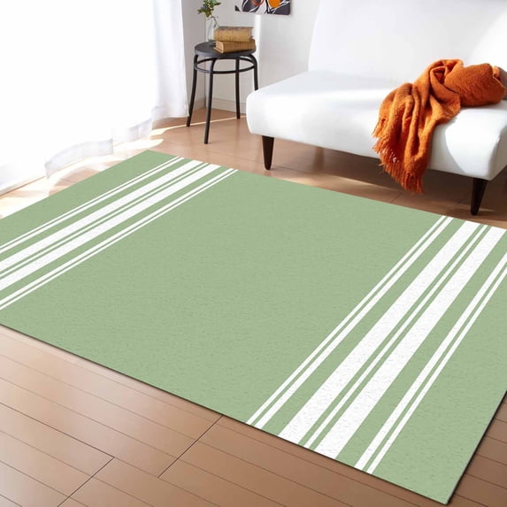 Area Rug 4'x6' Sage Green White Stripes Washable Area Rugs Non Shedding Floor Carpet Rubber Backing Non-Slip Indoor Mats for Living Room Bedroom Kitchen