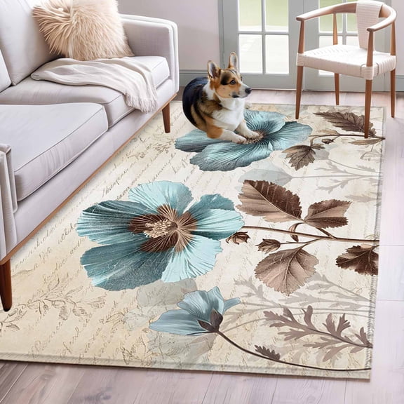 Area Rug 4'x6', Spring Floral Non-slip Runner Rug Carpet for Bedside, Teal Tulip Vintage Botanical Summer Washable Outdoor Indoor Area Rugs Mat for Entryway/Living Room/Bedroom/Kitchen/Office