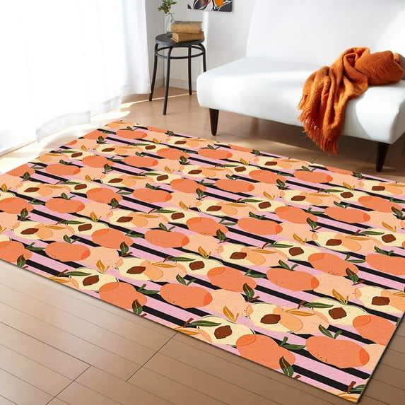 Area Rug 4'x6' Spring Watercolor Peach Pink Black Stripes Washable Area Rugs Non Shedding Floor Carpet Rubber Backing Non-Slip Indoor Mats for Living Room Bedroom Kitchen