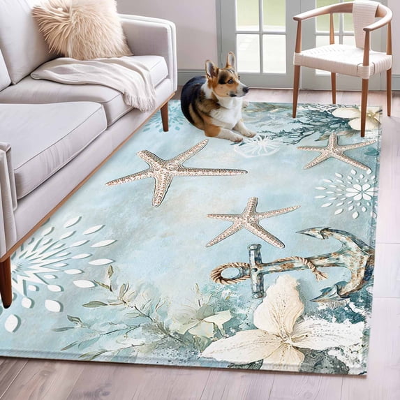 Area Rug 4'x6', Teal Ocean Coastal Non-slip Runner Rug Carpet for Bedside, Summer Beach Nautical Coral Starfish Washable Outdoor Indoor Area Rugs Mat for Entryway/Living Room/Bedroom/Kitchen/Office