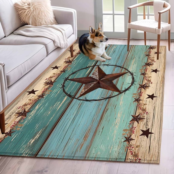 Area Rug 4'x6', Texas Star Country Non-slip Runner Rug Carpet for Bedside, Western Old Wooden Board Vintage Washable Outdoor Indoor Area Rugs Mat for Entryway/Living Room/Bedroom/Kitchen/Office