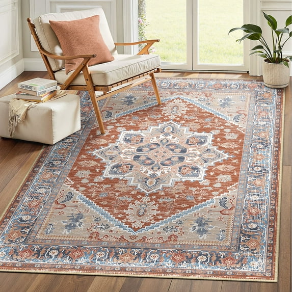 Area Rug 4'x6' Washable, Non Slip Stain Resistant Low Pile Soft Carpet, Vintage Print Pattern Rug for Living Room, Brick