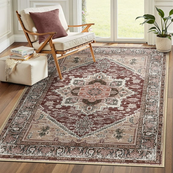Newburos Area Rug 4'x6', Non-Slip Machine Washable Rugs for Living Room Bedroom, Low Pile Soft Vintage Print Pattern Indoor Carpet, Burgundy