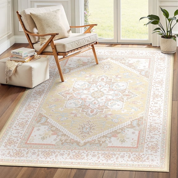 Newburos Area Rug 4'x6', Non-Slip Machine Washable Rugs for Living Room Bedroom, Low Pile Soft Vintage Print Pattern Indoor Carpet, Cream