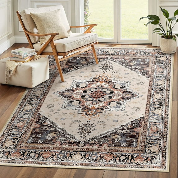 Newburos Area Rug 4'x6', Non-Slip Machine Washable Rugs for Living Room Bedroom, Low Pile Soft Vintage Print Pattern Indoor Carpet, Khaki