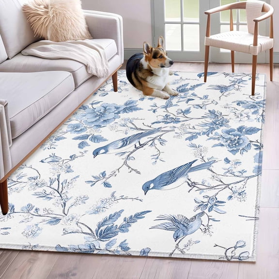 Area Rug 4'x6', White Blue Spring Floral Non-slip Runner Rug Carpet for Bedside, Summer Birds Botanical Washable Outdoor Indoor Area Rugs Mat for Entryway/Living Room/Bedroom/Kitchen/Office