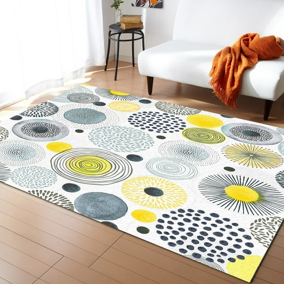Area Rug 4'x6' Yellow Grey Black Dots and Circle Geometric Watercolor Washable Area Rugs Non Shedding Floor Carpet Rubber Backing Non-Slip Indoor Mats for Living Room Bedroom Kitchen