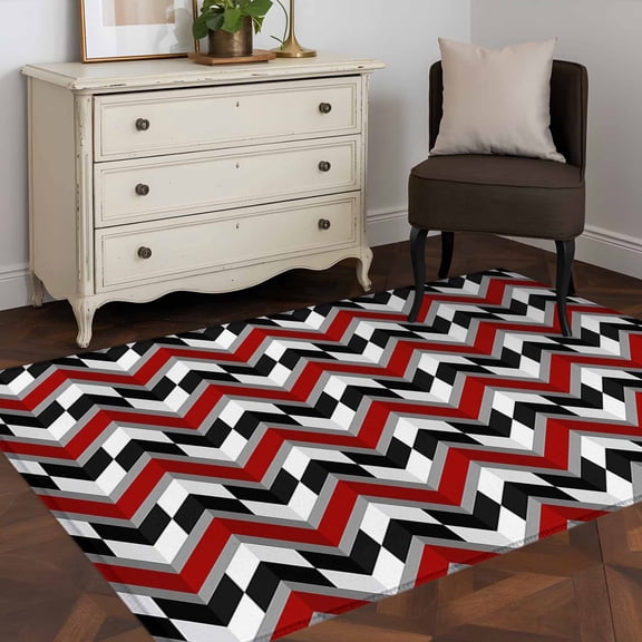 Area Rug 48×72in, Abstract Art Zig Zag Burgundy Red Striped Floor Carpet Living Room Rug, Geometric Art Non-Slip Welcome Mat Indoor Rugs for Bedroom Dining Room