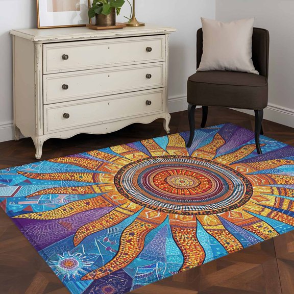 Area Rug 48×72in, Abstract Boho Sun Floral Floor Carpet Living Room Rug, Retro Bohemian Pattern Non-Slip Welcome Mat Indoor Rugs for Bedroom Dining Room