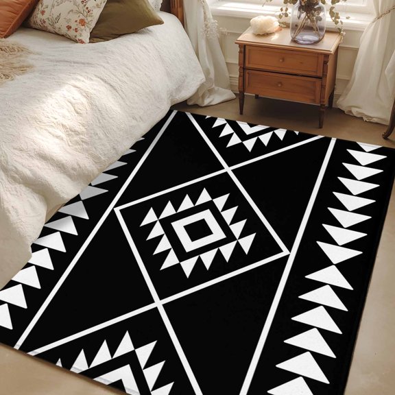 Area Rug 48×72in, Abstract Ethnic Geometric Art Floor Carpet Living Room Rug, Black White Tribal Triangle Non-Slip Welcome Mat Indoor Rugs for Bedroom Dining Room