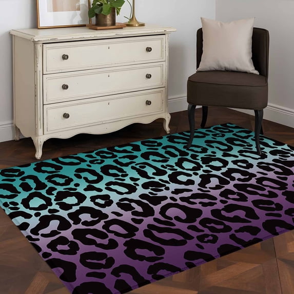 Area Rug 48×72in, Abstract Leopard Cyan Purple Gradient Floor Carpet Living Room Rug, Animal Skin Texture Non-Slip Welcome Mat Indoor Rugs for Bedroom Dining Room