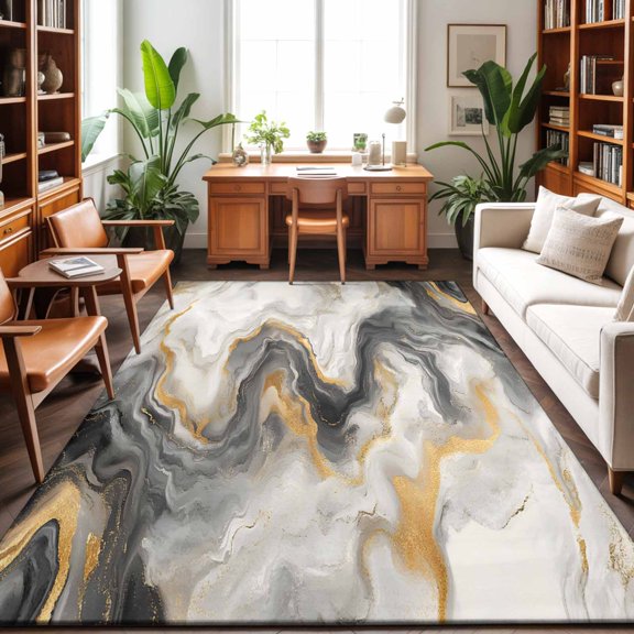 Area Rug 48×72in, Abstract Modern Marble Agate Floor Carpet Living Room Rug, White Gray Gold Stone Texture Non-Slip Welcome Mat Indoor Rugs for Bedroom Dining Room