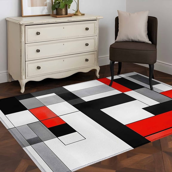 Area Rug 48×72in, Abstract Patchwork Square Floor Carpet Living Room Rug, Modern Geometric Red White Black Non-Slip Welcome Mat Indoor Rugs for Bedroom Dining Room